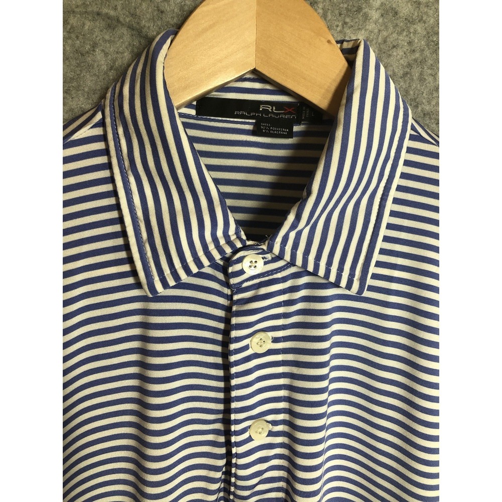 Ralph Lauren Shirt Men Large Blue Stripe Polo RLX Performance Stretch Sport Golf